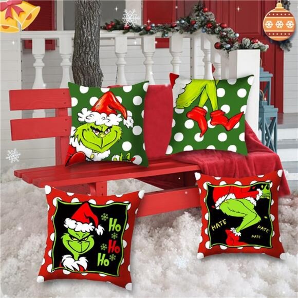 Set of 4 Christmas‎ Pillow Covers, 18x18 Merry Grin-chmas Farmhouse Decor - Picture 2 of 7